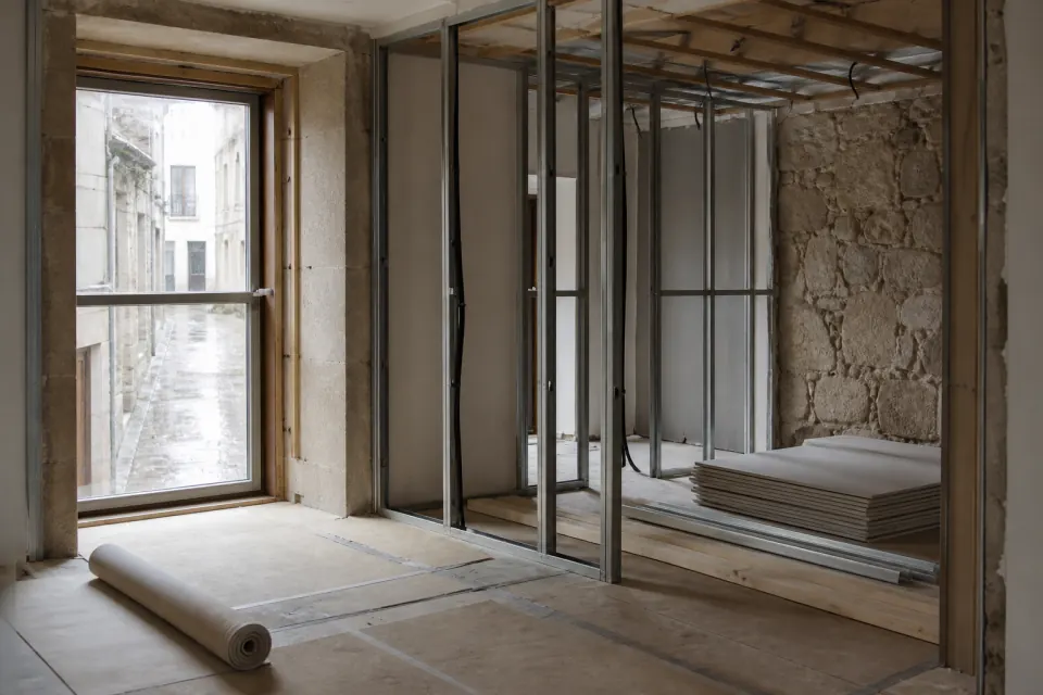 Proyecto para reforma integral en Pontevedra, vivienda en obra con tabiquería y protecciones